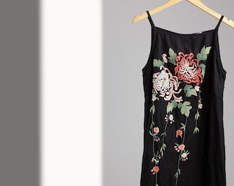 Hand Embroidered Linen Sundress: Floral Midi Dress, S-M