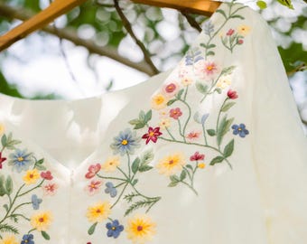 AMANDA Linen Wedding Dress with Wild Flowers Hand Embroidery, V Open Back Boat Neckline Bell Sleeves Bridal Gown, A-line Linen Wedding Gown