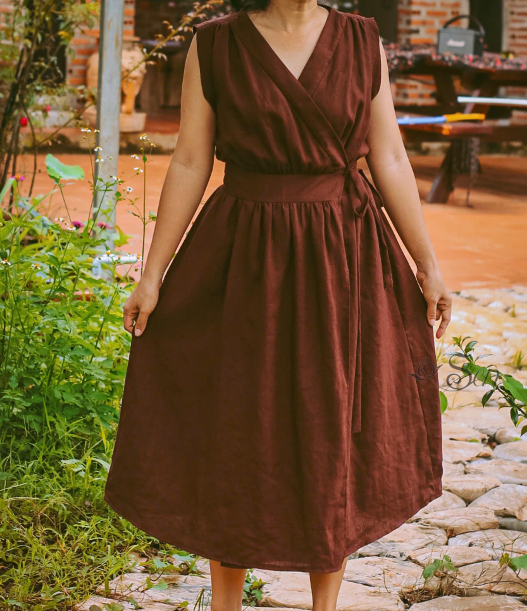 Sleeveless Linen Wrap Dress: Handmade Wedding Guest Outfit