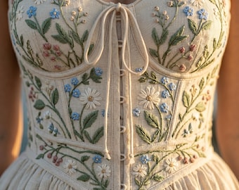 Hand-Embroidered Linen Corset Wedding Dress, Basque Waist Bridal Gown, Romantic Boho Style