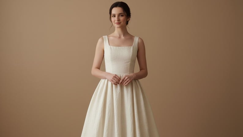 May include: A cream-colored sleeveless dress with a square neckline and a full skirt. The dress is made of a textured fabric and is worn by a person. The background is a solid tan color.