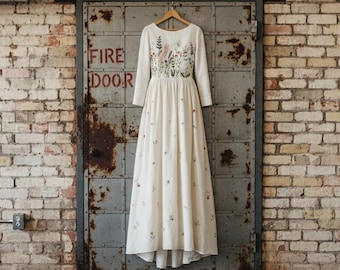 Linen wedding dress long sleeve, embroidered floral bridal gown, modest boho wedding dress, cottagecore bride dress