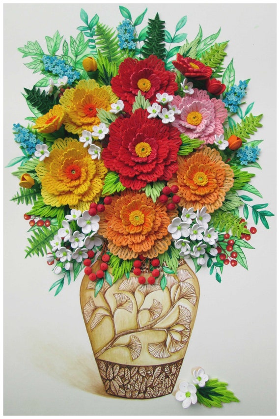 Vintage Old Flower Vase 3d Quilling Picture Quilling Art Etsy