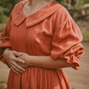 LINEN AMANDA DRESS Peter Pan collar front Pleated Fit and Flare Puffle Sleeves Dress, Personalized Gift for Mom, Valentine&#39;s gift Christmas