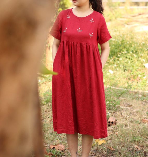 Hand Embroidered Linen Babydoll Dress: Smock Maternity Dress Hand Embroidered Linen Babydoll Dress: Smock Maternity Dress