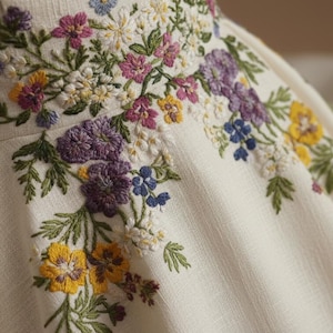 May include: Close-up of a cream-colored dress with intricate floral embroidery. The embroidery features a variety of colorful flowers, including yellow, purple, pink, and blue, with green leaves. The fabric has a textured appearance.