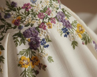 May include: Close-up of a cream-colored dress with intricate floral embroidery. The embroidery features a variety of colorful flowers, including yellow, purple, pink, and blue, with green leaves. The fabric has a textured appearance.