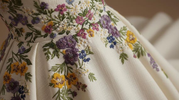 embroidered wedding guest dress Zapaka Women Floral Midi A-Line Tulle Champagne V-Neck Dress, Champagne / US4 this dress exudes understated elegance Wild Floral Hand Embroidered Linen