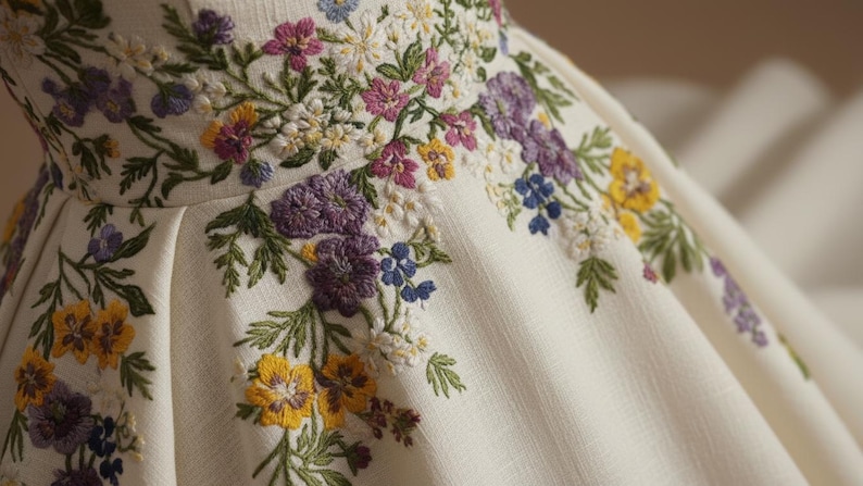 May include: Close-up of a cream-colored dress with intricate floral embroidery. The embroidery features a variety of colorful flowers, including yellow, purple, pink, and blue, with green leaves. The fabric has a textured appearance.