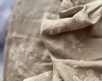 Antique Ivory – Embroidered 100% Linen Fabric Collection | Soft Floral Linework in Natural Shades