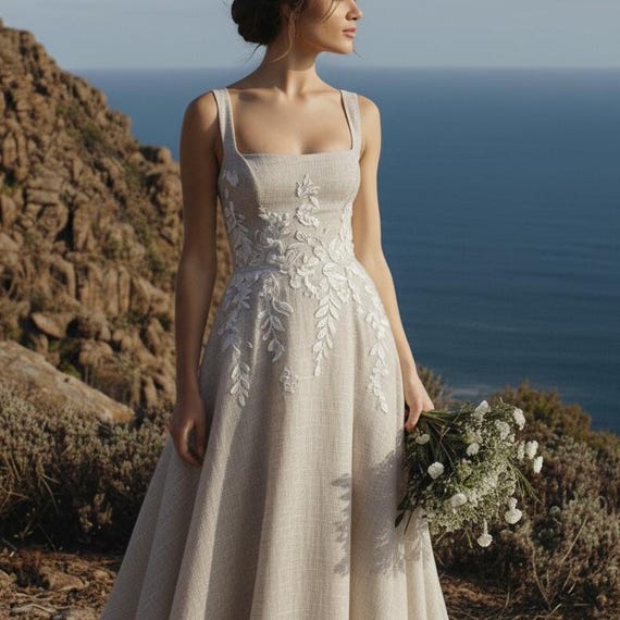 linen and lace wedding dress BABARONI Lace Champagne Wedding Dresses A-line Sweetheart Lace Chapel Train Lace-up, Champagne / US0