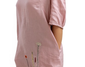 Hand Embroidered Linen Midi Dress: Floral Babydoll Style