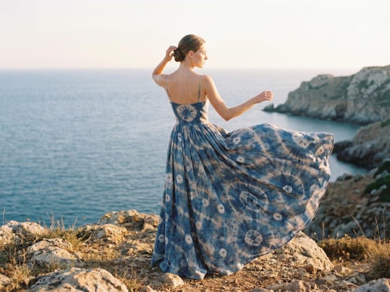 Hand-Dyed Indigo Linen Maxi Dress, Coastal Boho Wedding Gown, Flowy Summer Beach Resort Wear