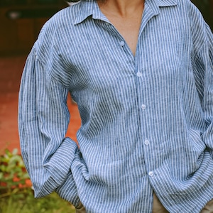 Stripped Simple Linen Shirt, Women Regular Fit Spread Collar Casual Shirt, Personalized Gift Cotton Thread Shirt for Woman