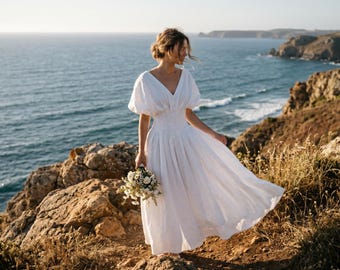 Abito midi in lino ricamato: abito da invitata a un matrimonio, modello a trapezio