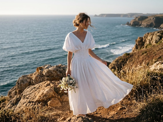 Embroidered Linen Midi Dress: Fit and Flare Wedding Guest Dress