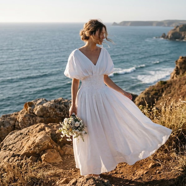 Embroidered Linen Midi Dress: Fit and Flare Wedding Guest Dress