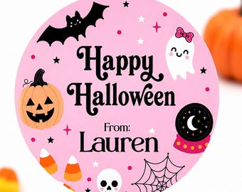 Personalized Halloween Stickers, Cute Kids Halloween Labels, Custom Party Favor Stickers, Classroom Treat Bag Labels, Pink & Orange, Boo bag