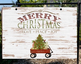 Merry Christmas Aluminum Outdoor Sign: Distressed Wood Porch Decor