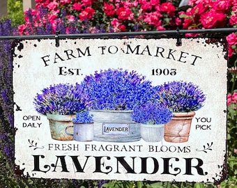 Hanging Metal Lavender Flower Garden Sign, Outdoor Decor