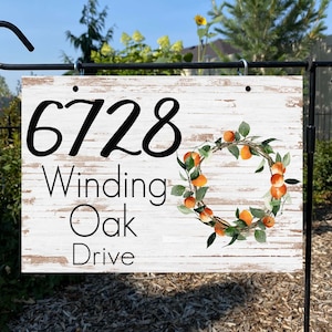 Metal address sign, Address sign for yard, House number sign metal, House number sign for yard, Lamp post address sign,Orange flower wreath