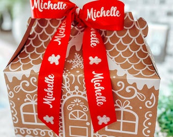 Personalized Gingerbread House Christmas Eve Box Set, Custom Satin Ribbon with Name, Christmas Gift Box, Holiday Treat Box with Gift Tag