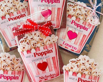 Valentine popcorn stickers,Valentine's Day stickers, Boy Girl Kids classroom labels, Poppin' Valentines labels, Die cut popcorn bag sticker