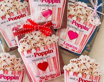 Valentine popcorn stickers,Valentine's Day stickers, Boy Girl Kids classroom labels, Poppin' Valentines labels, Die cut popcorn bag sticker