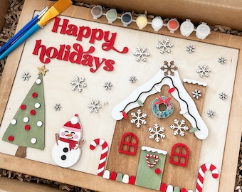Paint your own framed gingerbread house kit,Happy holidays sign,DIY Christmas craft,Paint it yourself gingerbread house,Merry Christmas sign