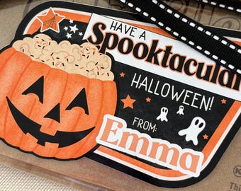 Halloween popcorn stickers,Halloween sticker,Boy Girl Kids classroom labels,Have a Spooktacular Halloween labels,Die cut popcorn bag sticker