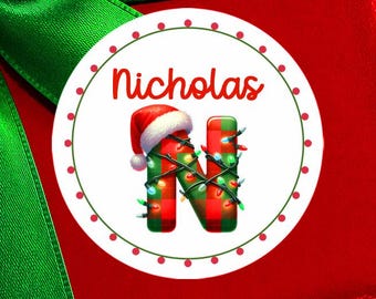 Personalized Christmas Name Stickers, Custom Christmas Lights Initial, Buffalo Plaid Gift Labels, Holiday Present Seals, 12 or 20 Stickers