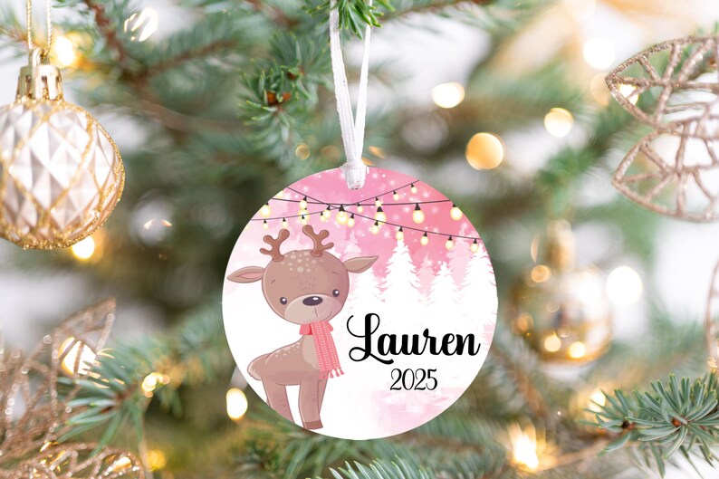 Personalized pink reindeer ornaments for kids, Pink background retro ornaments, aluminum personalized ornaments 2025, Ornament with name image 7