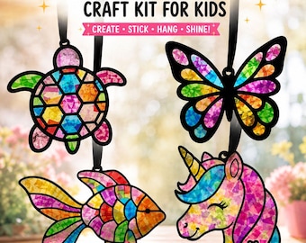 DIY Suncatcher Craft Kit for Kids, Butterfly Turtle Fish Unicorn, Birthday Party Activity, Kids Craft Kit, Window Art, Homeschool Craft
