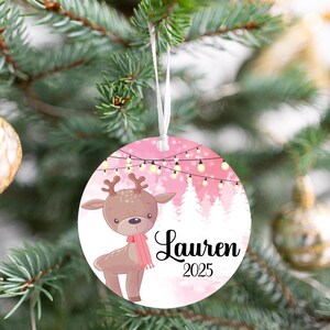 Personalized pink reindeer ornaments for kids, Pink background retro ornaments, aluminum personalized ornaments 2025, Ornament with name image 9