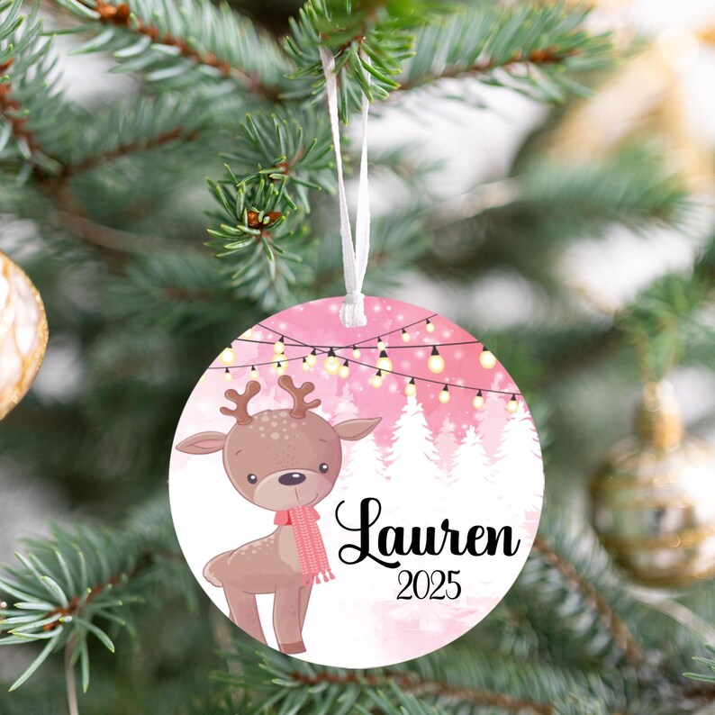 Personalized pink reindeer ornaments for kids, Pink background retro ornaments, aluminum personalized ornaments 2025, Ornament with name image 9