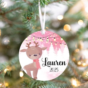 Personalized pink reindeer ornaments for kids, Pink background retro ornaments, aluminum personalized ornaments 2025, Ornament with name image 11
