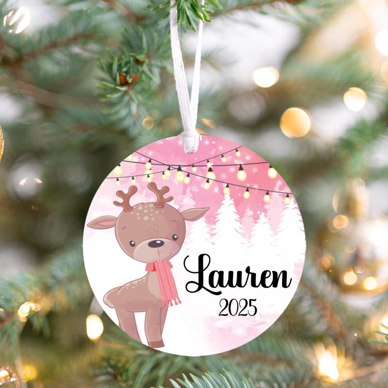 Personalized pink reindeer ornaments for kids, Pink background retro ornaments, aluminum personalized ornaments 2025, Ornament with name image 11