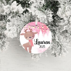 Personalized pink reindeer ornaments for kids, Pink background retro ornaments, aluminum personalized ornaments 2025, Ornament with name image 2