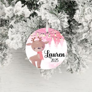 Personalized pink reindeer ornaments for kids, Pink background retro ornaments, aluminum personalized ornaments 2025, Ornament with name image 8