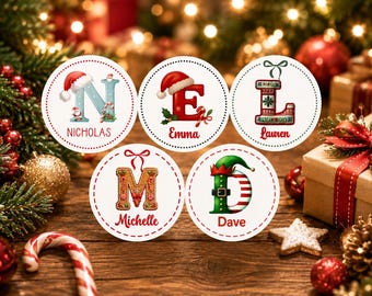 Personalized Name Initial Letter Stickers,Christmas Gift Labels,Round Custom Holiday Stickers,Kids Christmas Gift Tags,Monogram Letter Label