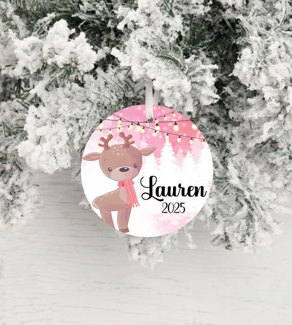 Personalized pink reindeer ornaments for kids, Pink background retro ornaments, aluminum personalized ornaments 2025, Ornament with name