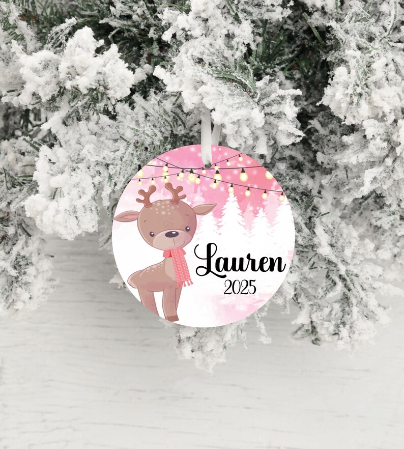 Personalized pink reindeer ornaments for kids, Pink background retro ornaments, aluminum personalized ornaments 2025, Ornament with name image 1