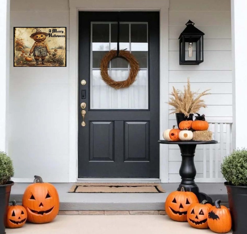 Primitive Halloween Decor Metal Sign Decoration, Pumpkin Head Scarecrow ...