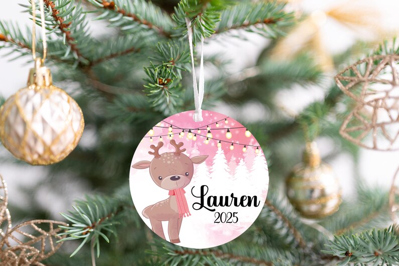 Personalized pink reindeer ornaments for kids, Pink background retro ornaments, aluminum personalized ornaments 2025, Ornament with name image 3