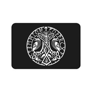 May include: Black rectangular mousepad featuring a white Viking-style design. The design includes a central circular emblem with two birds, runes, and intricate knotwork. The mousepad has rounded corners.