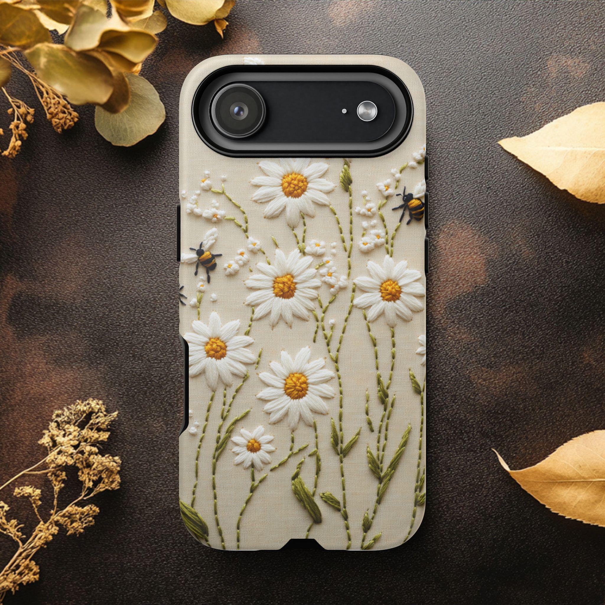 Daisies and Bees Embroider 3D Dual-layer Tough Phone Case Iphone