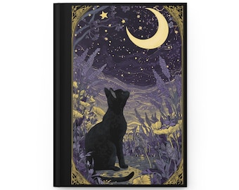 Cat Lover Hardcover Journal Matte, Celestial Moon Cat Owner Notebook, Crescent Moon Diary, Writing Journal, Cat Themed Sketchbook, Gift for
