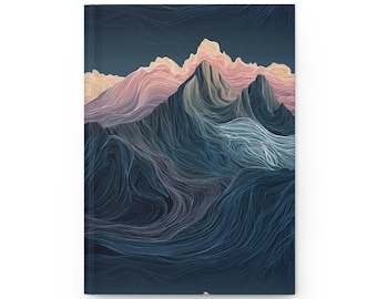 May include: A hardcover journal featuring an abstract mountain landscape design. The artwork depicts stylized mountains in shades of blue, purple, and pink, with a dark blue sky. The cover has a matte finish.