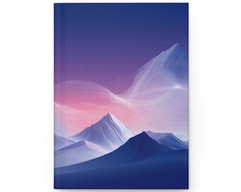 May include: A hardcover journal featuring a mountain landscape design. The cover art depicts a gradient sky of purple and pink hues, with white mountain peaks and a dark blue foreground. White lines flow across the sky.