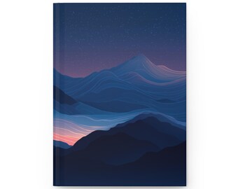 May include: A hardcover journal featuring a stylized mountain landscape under a starry night sky. The design uses shades of blue and purple, with a hint of pink at the horizon. The journal is rectangular and has a clean, minimalist aesthetic.